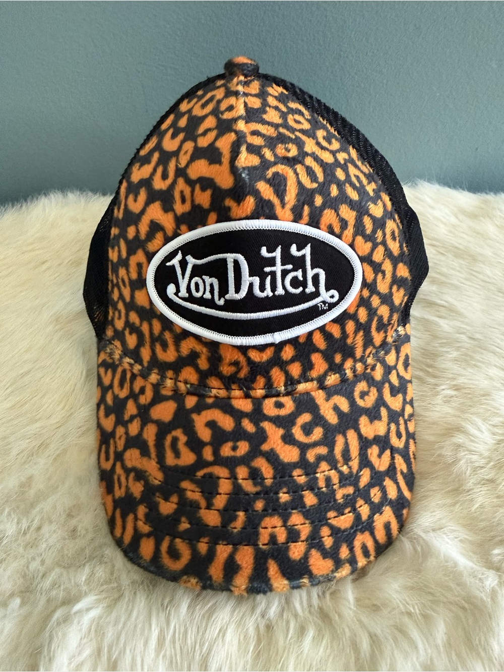 Von Dutch Orange Cheetah Velvet Trucker Hat